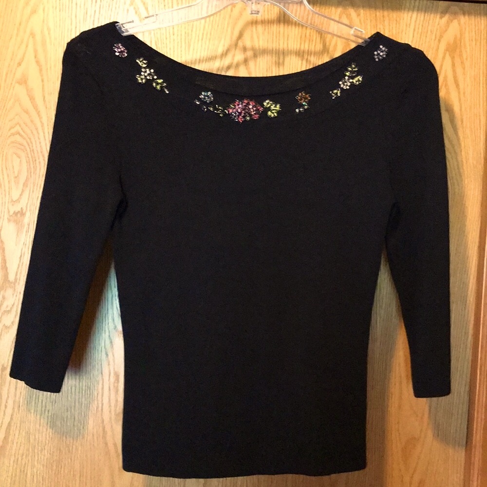 Gorgeous embellished fancy thin knit black beaded sequin trim neck 3/4 sweater